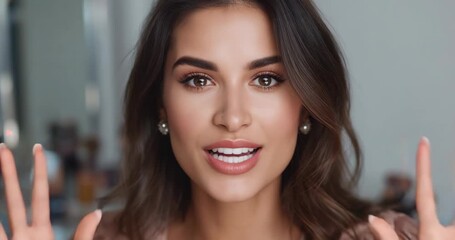 Greeting camera, woman in pink blouse demonstrating lip shape at dressing table with vanity mirror - Powered by Adobe