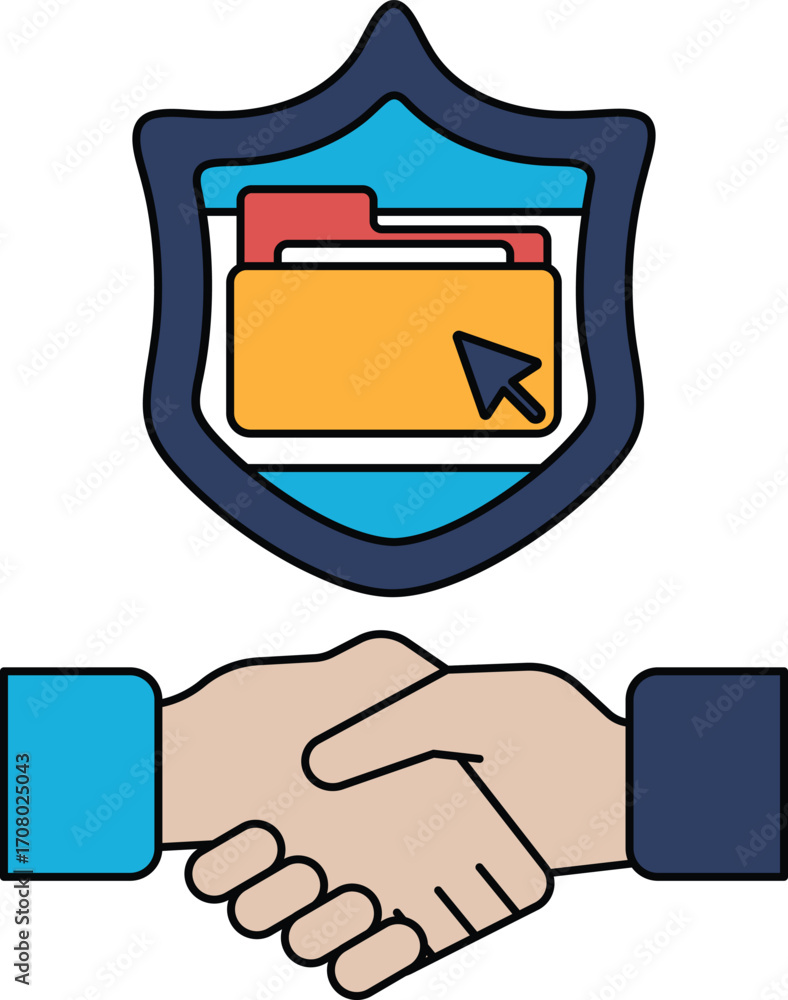 Poster a white and black image of two hands shaking with a shield behind them