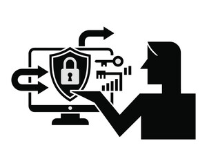 Digital security concept with a person interacting with a computer displaying a locked shield and keys