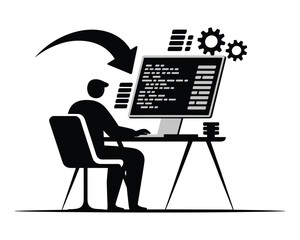 Silhouette of a programmer working on a computer screen displaying code with gears and an arrow indicating process