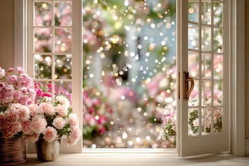 Beautiful Blossoms and Bokeh Effect Through Open Window View