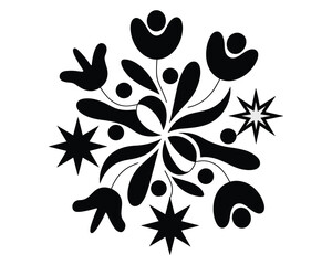 Stylized black and white folk art floral mandala design with starbursts and abstract shapes