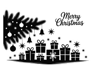 Silhouette of a christmas tree with ornaments and gifts with merry christmas text
