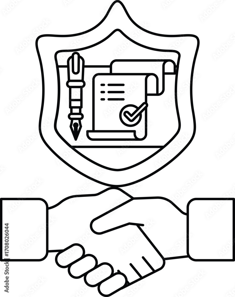 Poster a black and white image of two hands shaking with a shield behind them