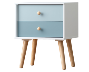 Modern nightstand with two blue drawers and wooden legs – minimalist furniture design
