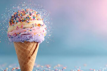 Colorful Ice Cream Cone with Sprinkles Against a Soft Background - copy space
