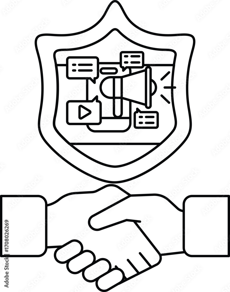 Poster a black and white image of two hands shaking with a shield behind them