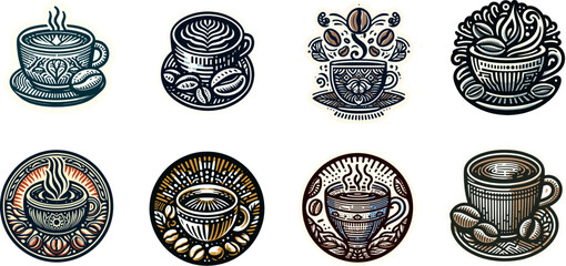 Coffee logo pack featuring cup, mug, and bean elements.