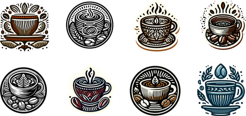 Collection of coffee logos with mugs, cups, and beans.