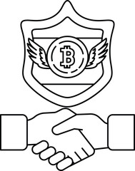 A black and white drawing of two hands shaking hands with a shield behind them