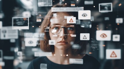 Woman with digital surveillance interface and warning signs – cybersecurity and privacy protection concept