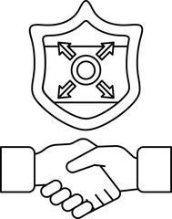 A shield with four arrows pointing to the top right corner