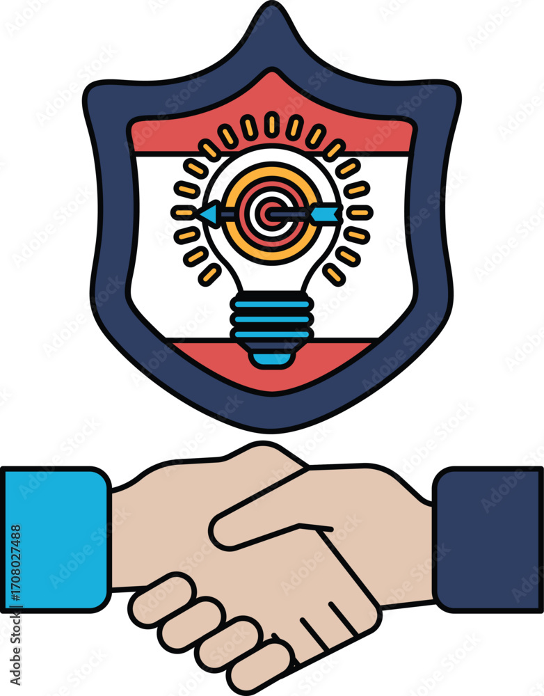 Poster a black and white image of two hands shaking with a shield behind them