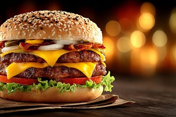 Juicy Triple Cheeseburger with Fresh Ingredients and Golden Cheese