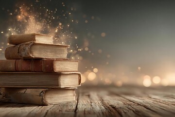 Magical Old Books with Sparkles on Rustic Wooden Surface - Copy Space