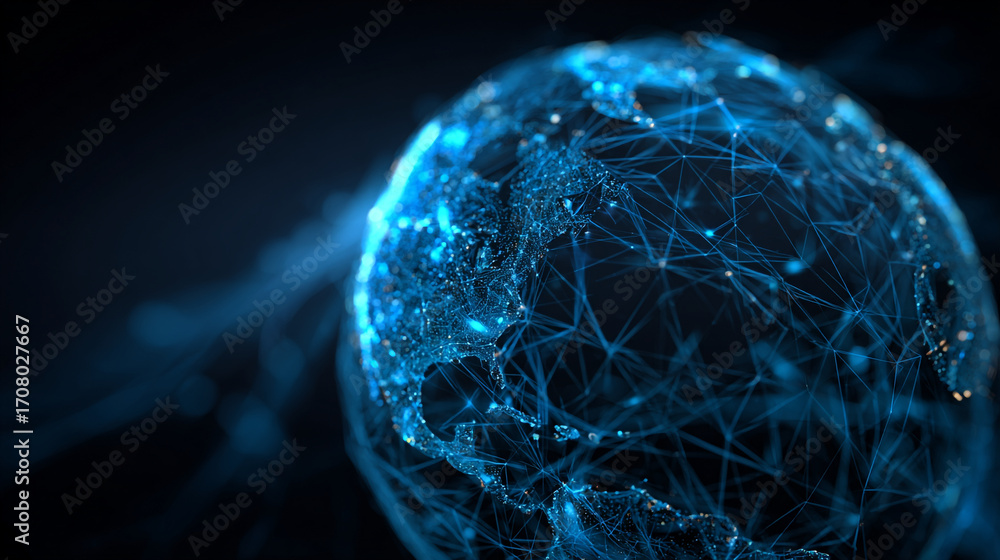 Poster a glowing blue globe with a network of lines and dots on a dark background