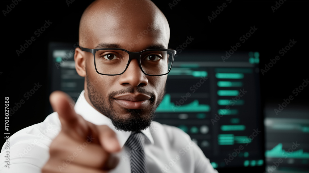 Poster confident african american businessman pointing his finger at the viewer while working with graphs a
