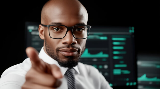 Confident african american businessman pointing his finger at the viewer while working with graphs and data on a computer screen in a dark office environment