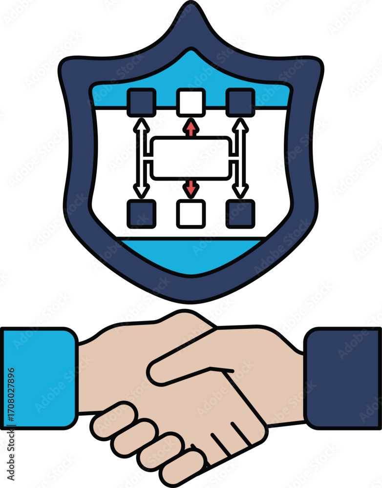 Poster a black and white image of two hands shaking with a shield behind them