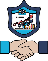 A shield with a hand on it and a paper with a graph on it