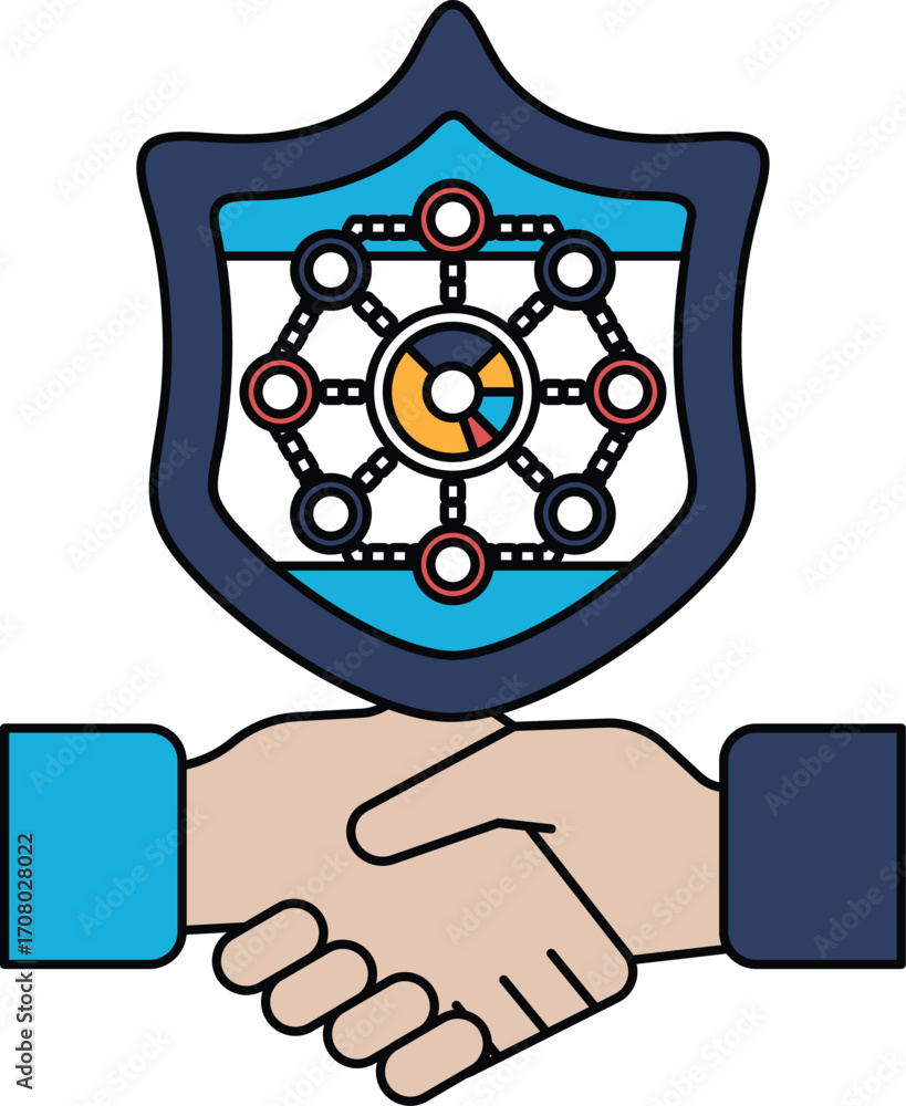 Poster A black and white image of two hands shaking with a shield in the background