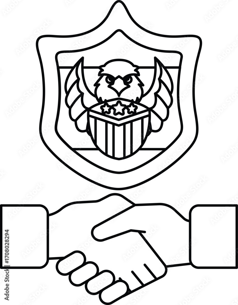 Poster a black and white drawing of two hands shaking hands in front of a shield with a