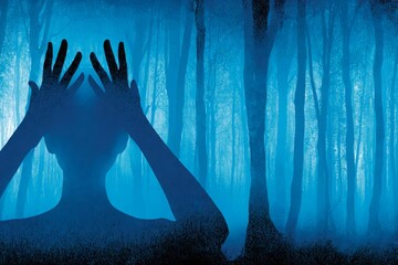 Silhouette of a Person in a Mysterious Blue Forest at Night Double Exposre