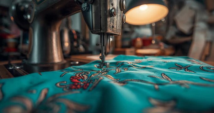 Starting sewing presser foot and needle stitching turquoise fabric at table with lamp for tailoring