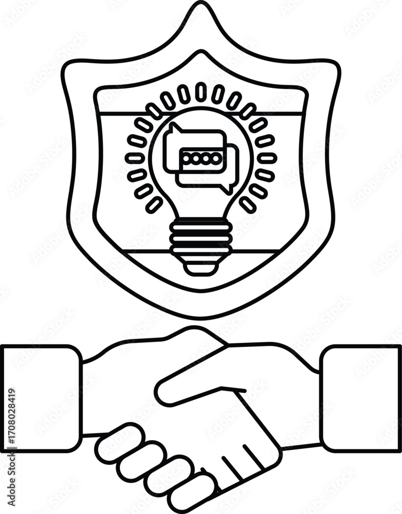 Poster a black and white image of two hands shaking with a light bulb in the background