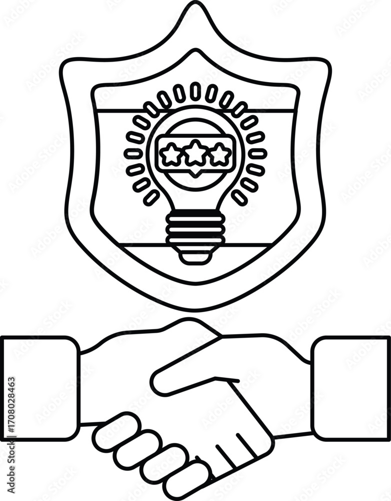Poster a black and white image of two hands shaking with a shield behind them