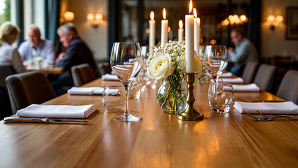 Elegant Dining Table Setup with Candles Flowers and Wine Glasses for a Special Occasion
