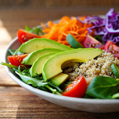 Fresh and Vibrant Salad Bowl with Avocado, Quinoa, and Colorful Vegetables Close Up