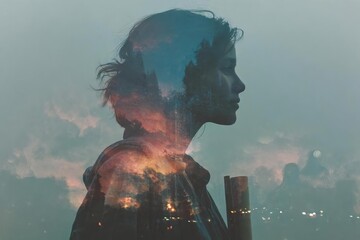 Silhouette of Woman with Dreamy Sunset Reflection in Background -  Double exposure
