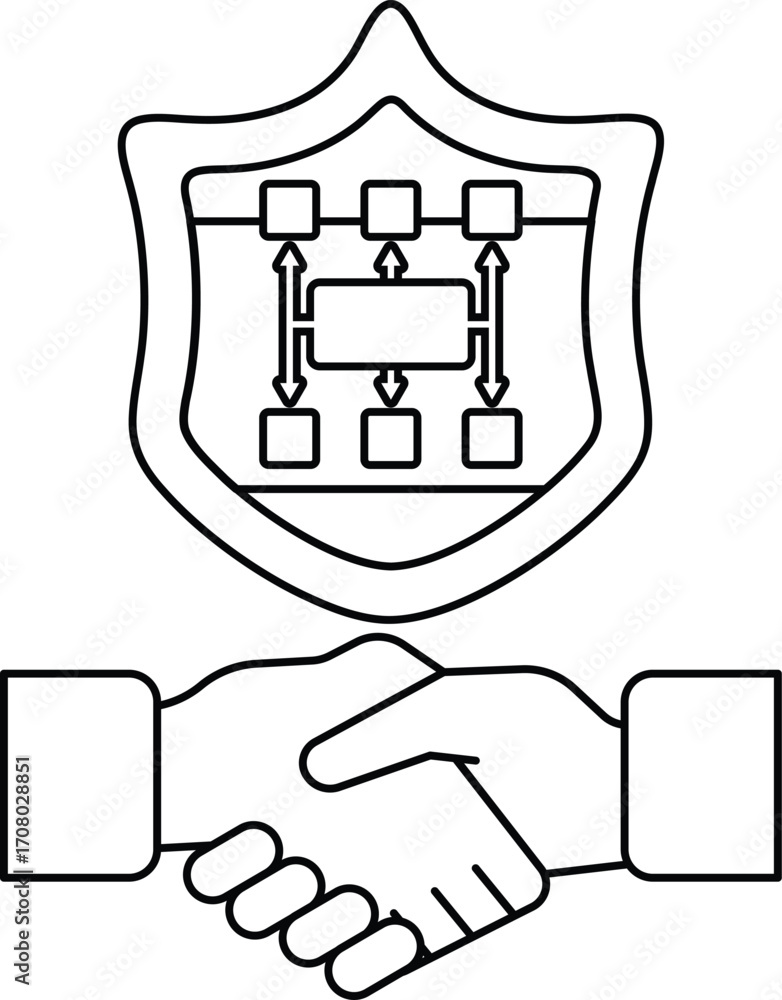 Poster a black and white image of two hands shaking with a shield behind them