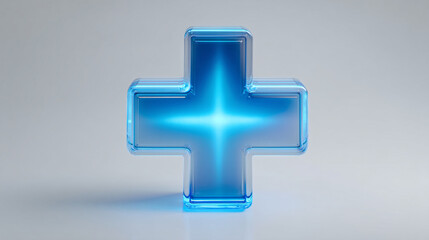 Obraz premium A close up of a blue glass plus sign with a bright light in the center