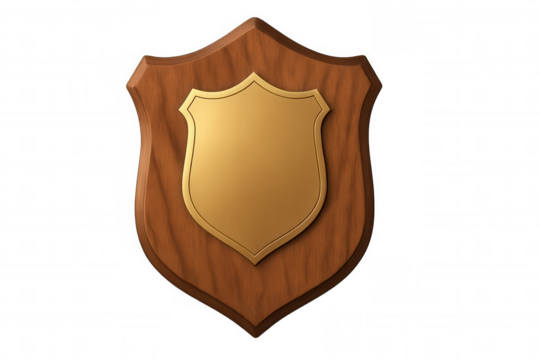 Wooden plaque with golden plate on transparent background, representing achievement and success in business, sports, or education