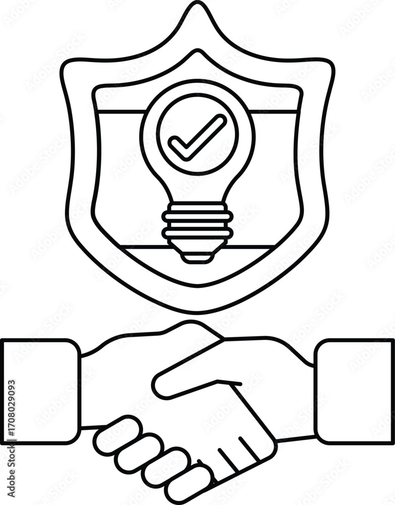 Poster a shield with a light bulb on it and two hands shaking