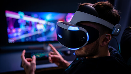 Immersive VR Gaming Experience A Man Exploring Virtual Reality with Cutting Edge Technology