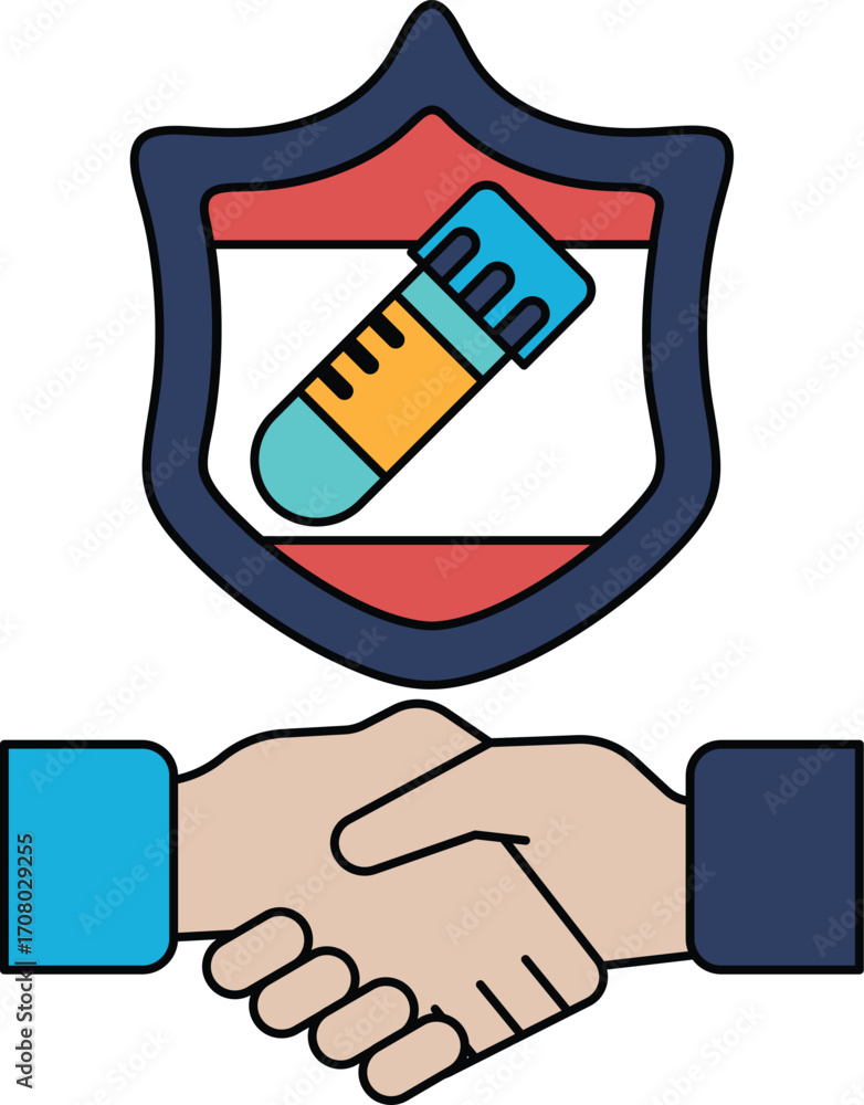 Poster a black and white image of two hands shaking with a shield behind them
