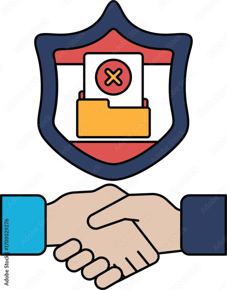 Poster a black and white image of two hands shaking with a shield behind them