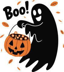 Halloween ghost with pumpkin bucket silhouette vector