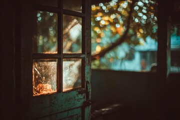 Sunlight Glimmers Through Weathered Door in Rustic Setting