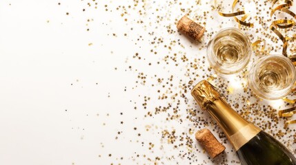 Champagne bottle with poured champagne in a glass on a textured surface in high resolution photograph