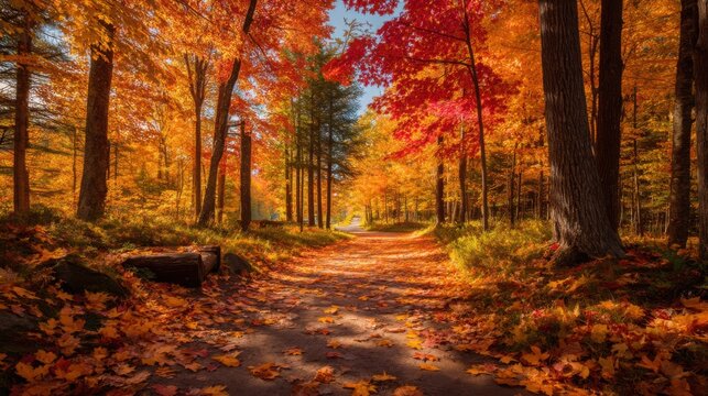 Dirt road winding through a forest with colorful fall leaves covering the ground and trees