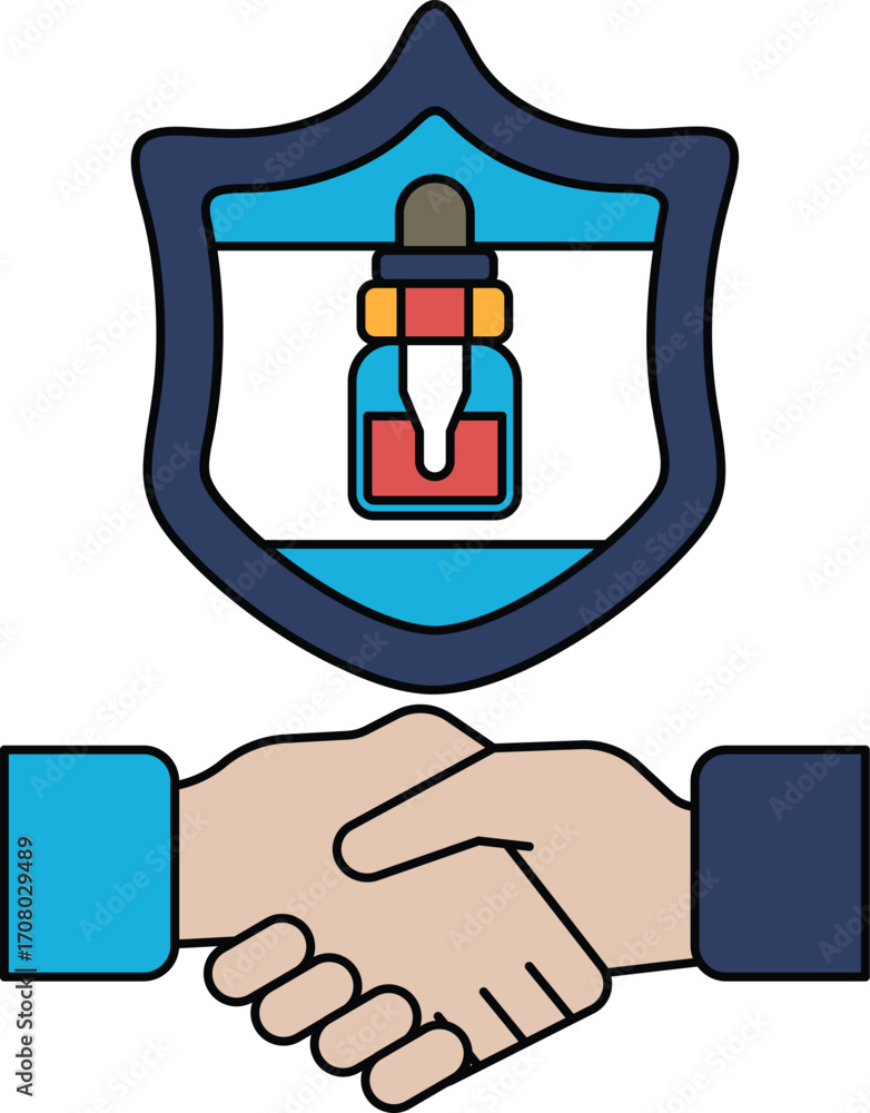 Poster a handshake between two people with a shield behind them