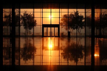 Sunset Reflection in Modern Building with Large Glass Windows