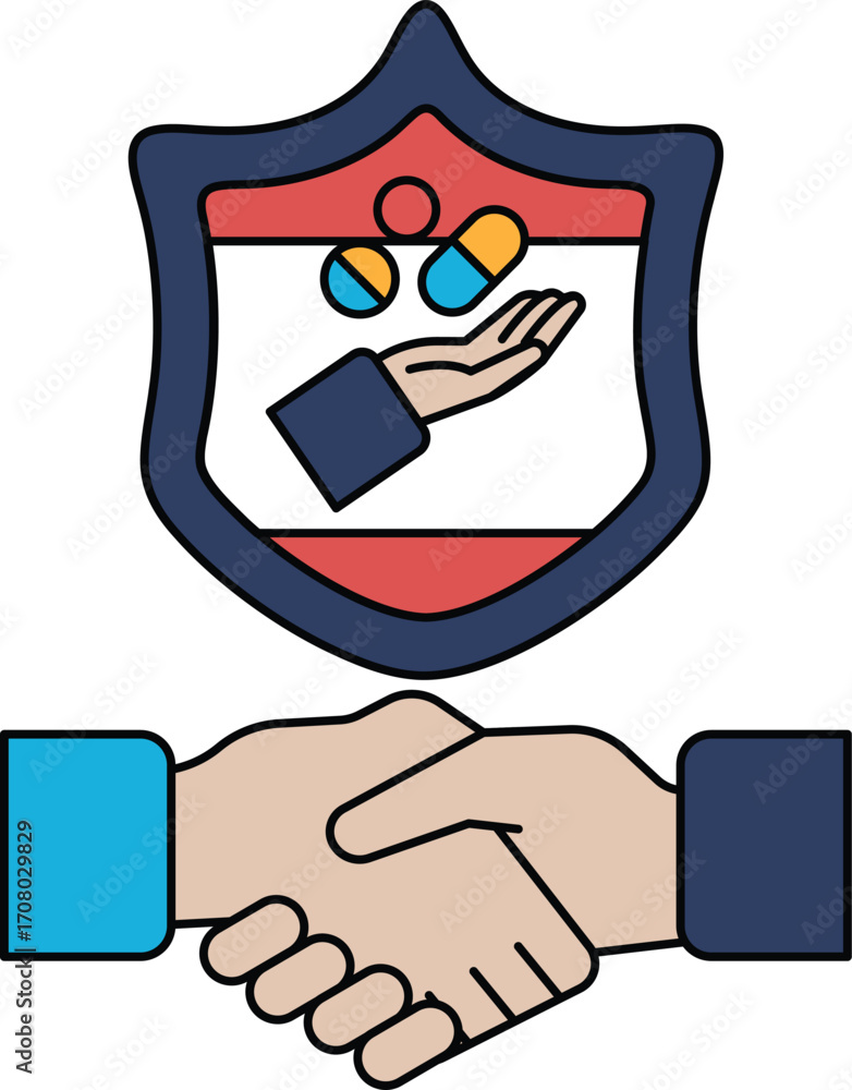Poster a black and white image of two hands shaking with a shield behind them