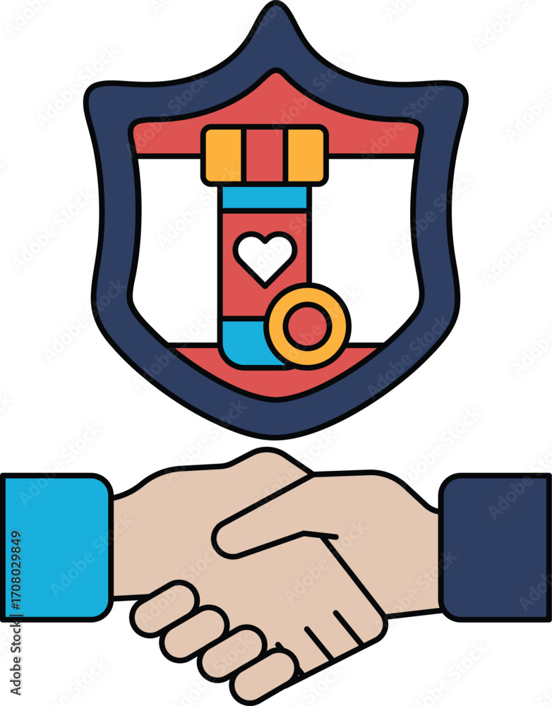 Poster A black and white image of two hands shaking with a shield behind them