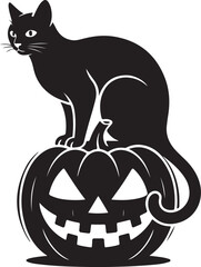 Halloween cat sitting on pumpkin silhouette vector
