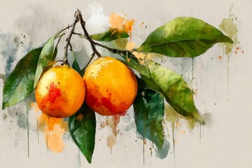 Vibrant Orange Fruits with Green Leaves in Watercolor Art Style